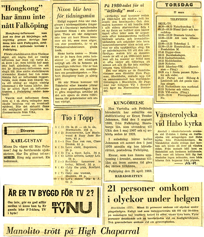 kollage av tidningsklipp från Falköpings tidning 1969