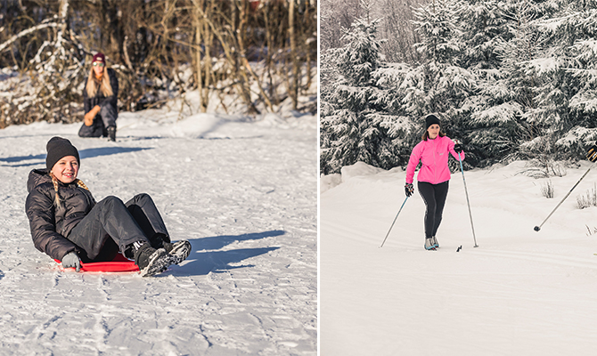 Delad bild där en flicka åker pulka och en kvinna som åker längdskidor.